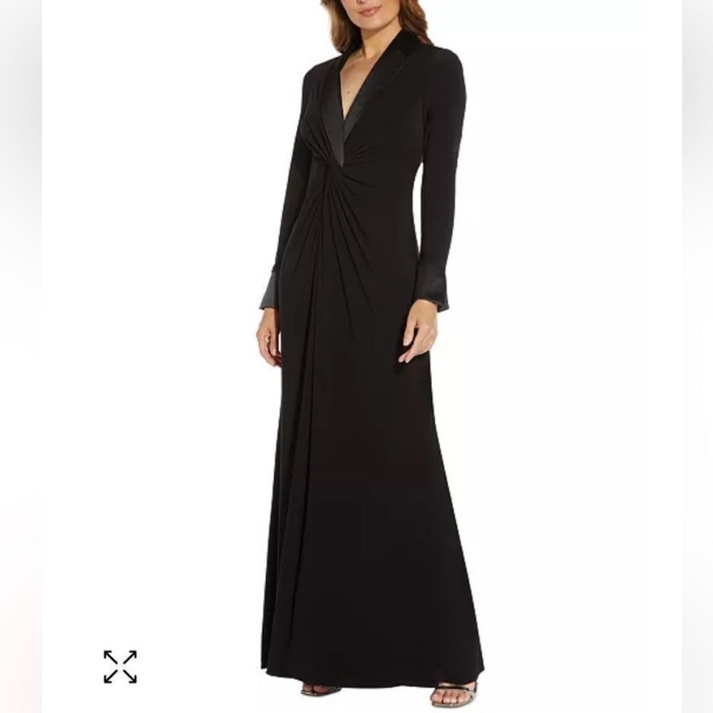 Adrianna Papell Black Twist Front Tuxedo Maxi Cocktail Dress 14 NWT